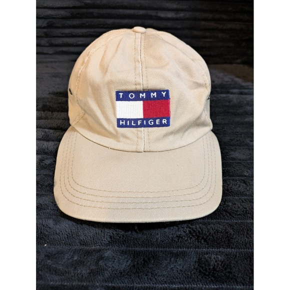 Tommy Hilfiger Other - Vintage Tommy Hilfiger Dad Hat Tan Beige Made in USA Leather Strap Flag Logo Cap
